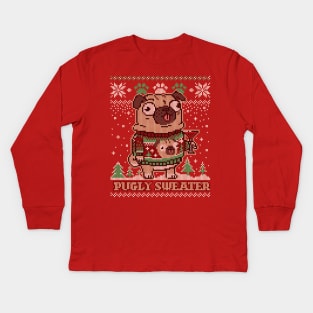 Pugly Christmas Sweater Pug T shirt Merry Pugmas Dog Lover Kids Long Sleeve T-Shirt